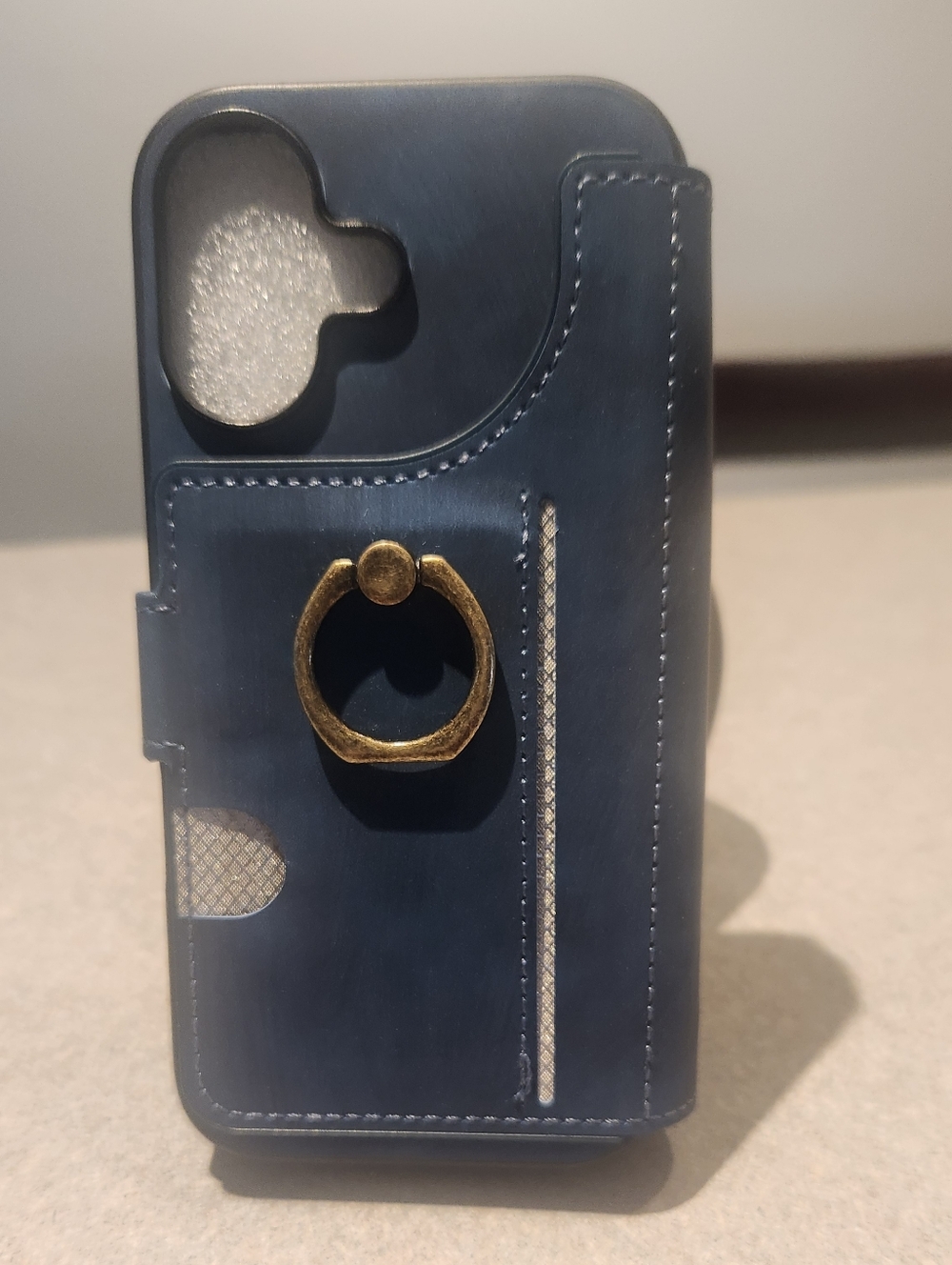 Universal Blue Leather Wallet Phone Case with Gold Ring Holder For IP17